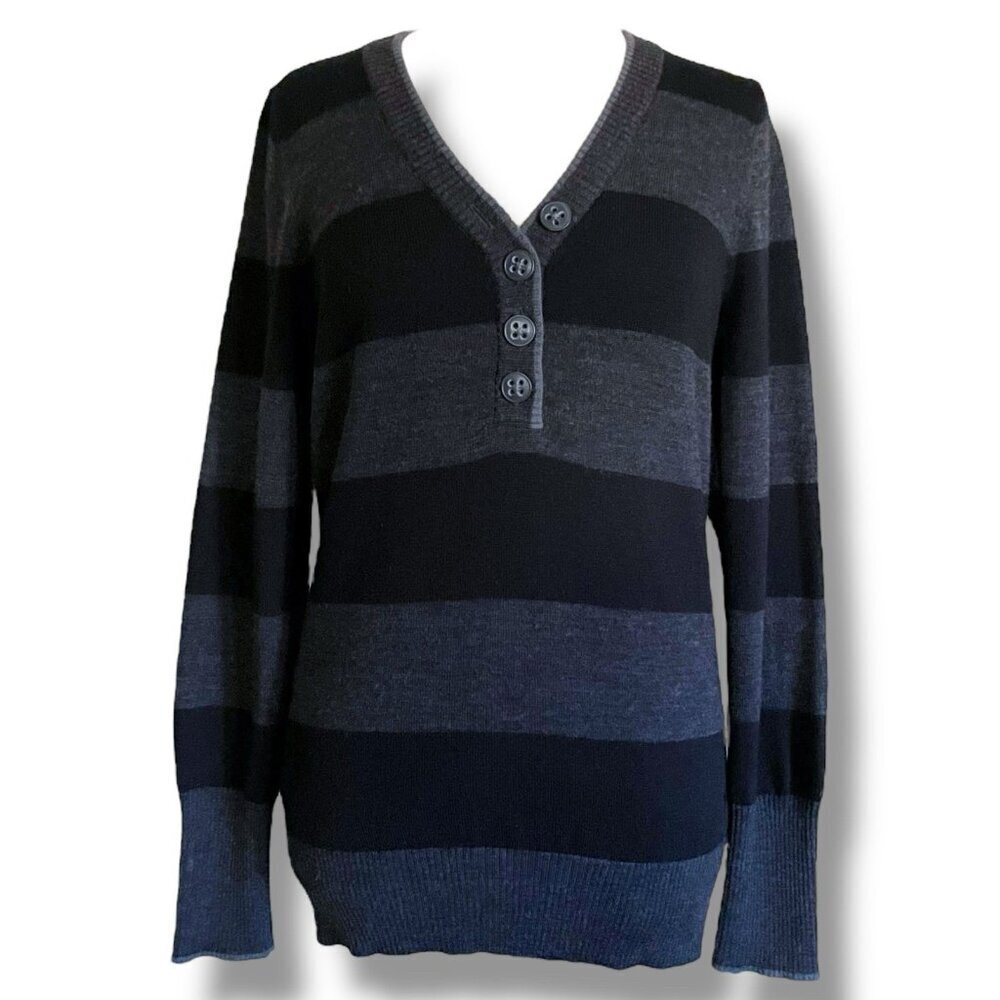 Smartwool Womens Sweater Sz Medium Gray Black Stripe Merino Wool Henley Stretch